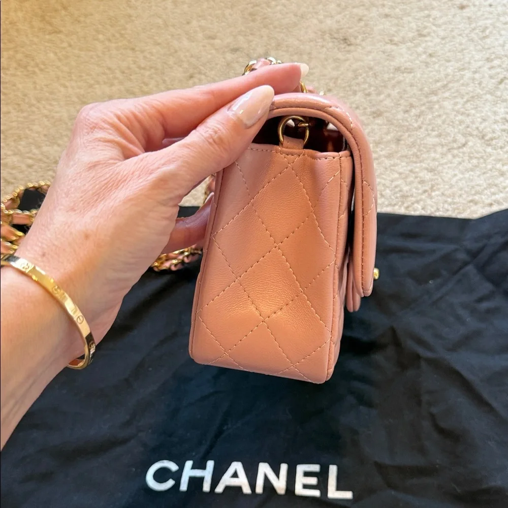 CHANEL Pink Quilted Lambskin Mini Flap Bag with Gold Chain - Picture 5 of 7